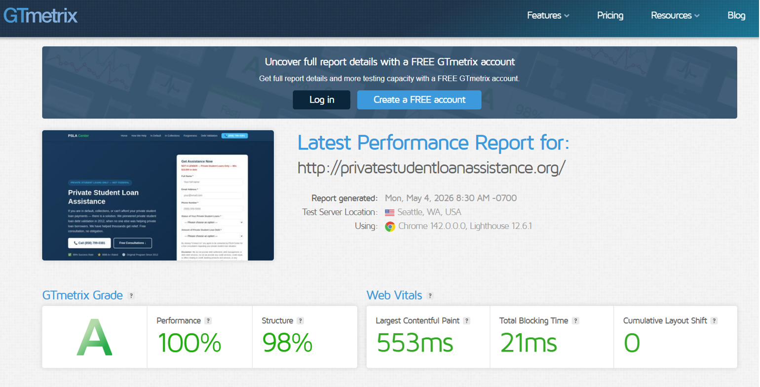 GTmetrix report showing Grade A 100% Performance for privatestudentloanassistance.org