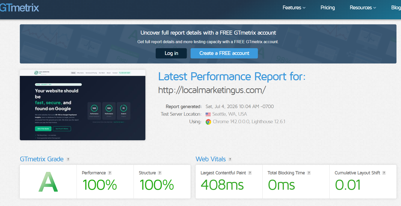 GTmetrix report showing Grade A, 100% Performance and Structure for localmarketingus.com