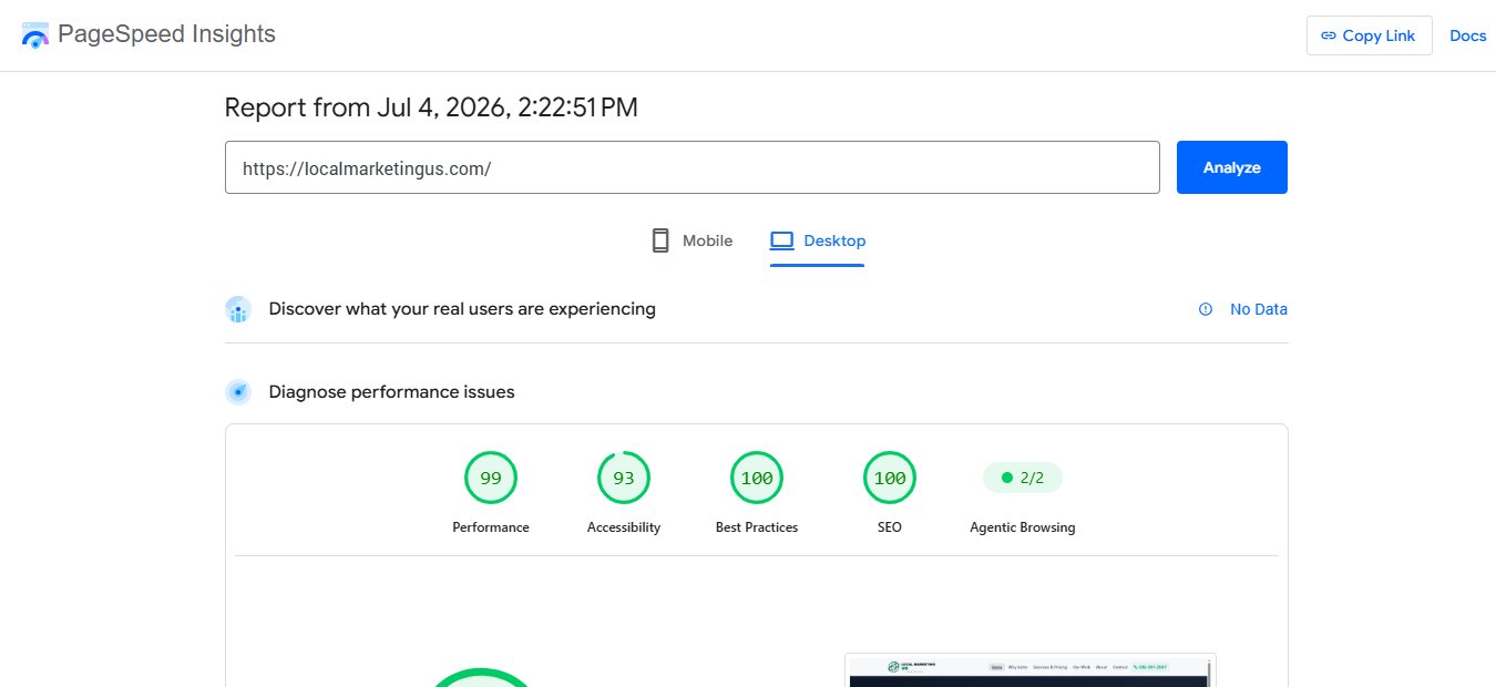 Google PageSpeed Insights desktop report showing 99 Performance for localmarketingus.com