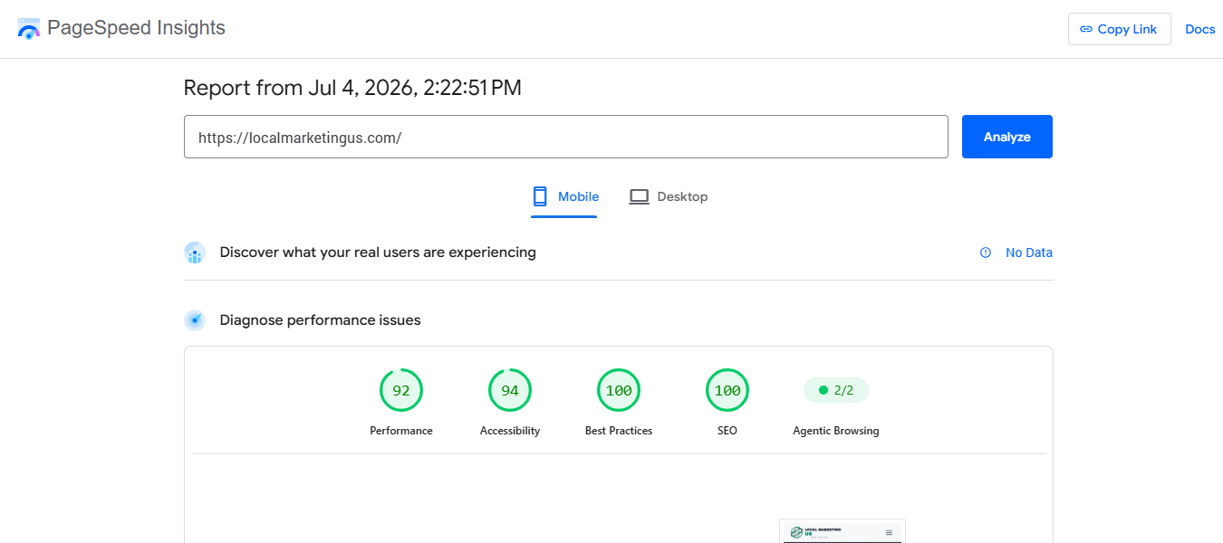 Google PageSpeed Insights mobile report showing 92 Performance for localmarketingus.com