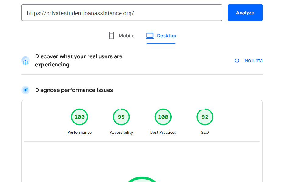 Google PageSpeed Insights showing 100 Performance for privatestudentloanassistance.org